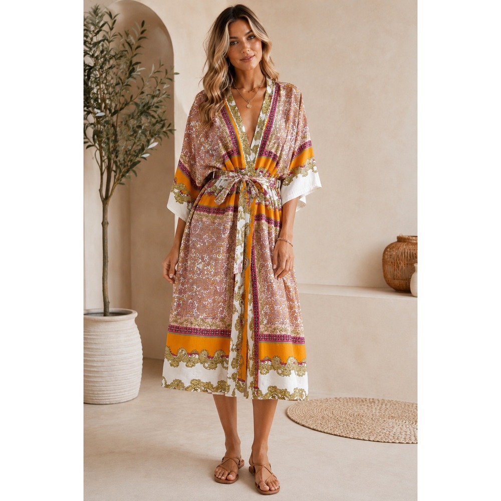 Petal & Pup Orange Paisley Linen Midi Wrap Dress Kimono Sleeve Scarf Print Large